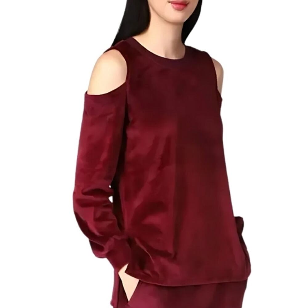 Michael Kors Cold Shoulder Top Slitted Velour Long Sleeves Burgundy W US M NWT